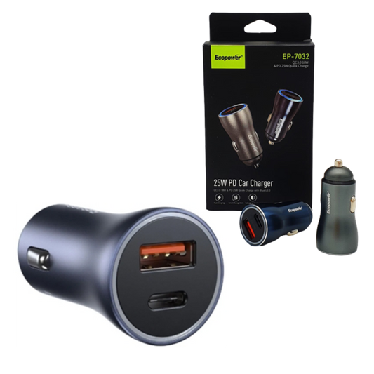 CABEZA PARA AUTO 25W ECOPOWER EP-7032 USB A Y TIPO C
