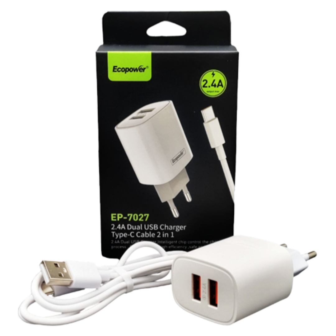 CABEZA CARGADOR EP-7027 2 USB + CABLE TIPO C