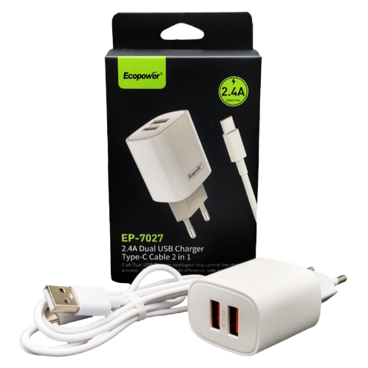 CABEZA CARGADOR EP-7027 2 USB + CABLE TIPO C