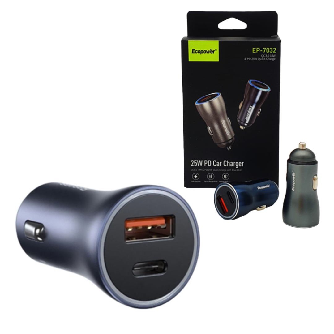 CABEZA PARA AUTO 25W ECOPOWER EP-7032 USB A Y TIPO C